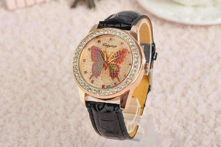 Feshionn IOBI Watches Black CLEARANCE - Shimmering Butterfly Rose Gold Ladies Leather Watch