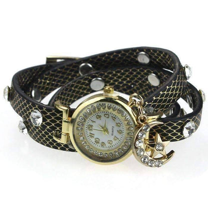 Feshionn IOBI Watches Black ON SALE - "Look To The Moon And Stars" Sparkly Wrap Bracelet Watch in Black