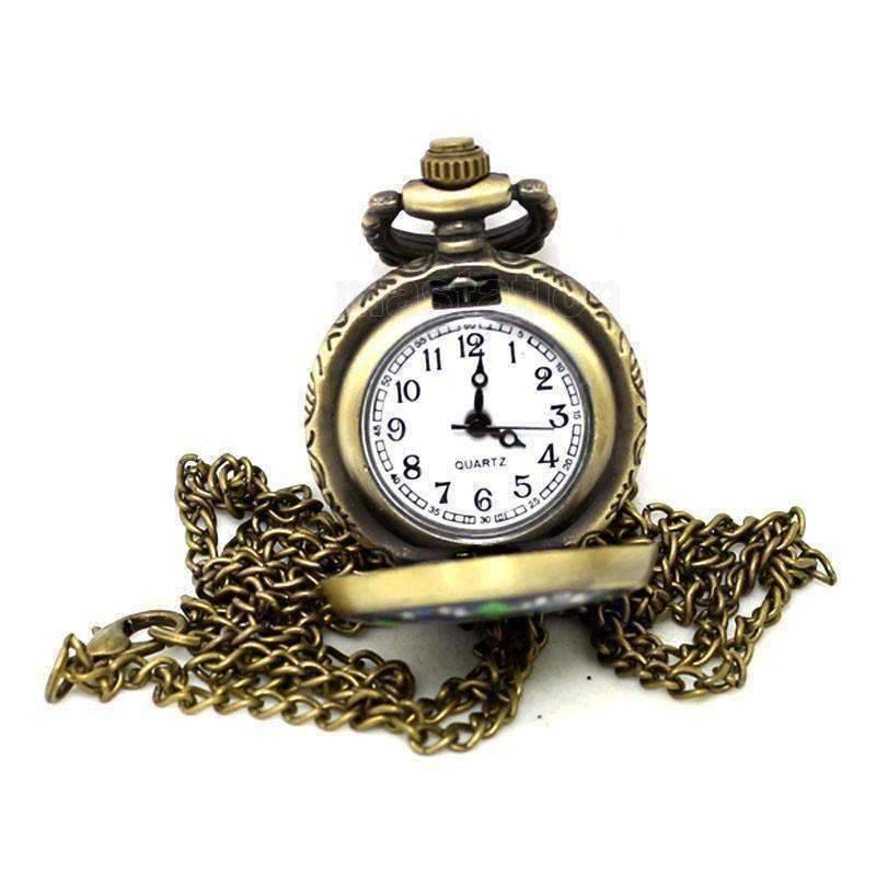 Feshionn IOBI Watches Blue and Green Flower Vintage Style Mini Pocket Watch Necklace
