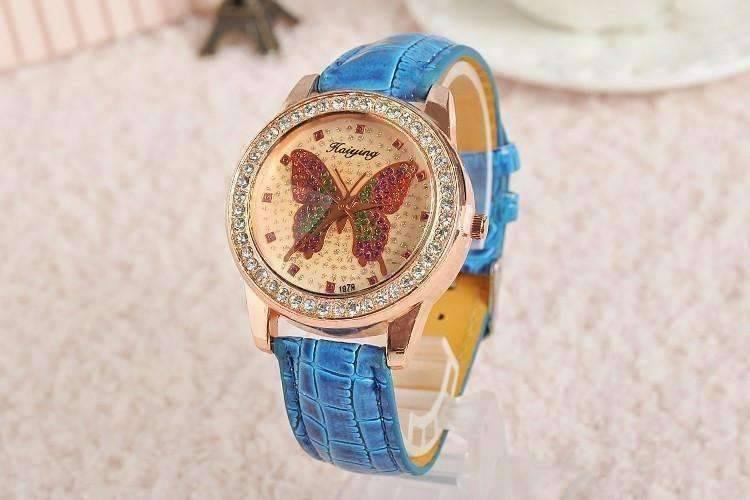 Feshionn IOBI Watches Blue CLEARANCE - Shimmering Butterfly Rose Gold Ladies Leather Watch