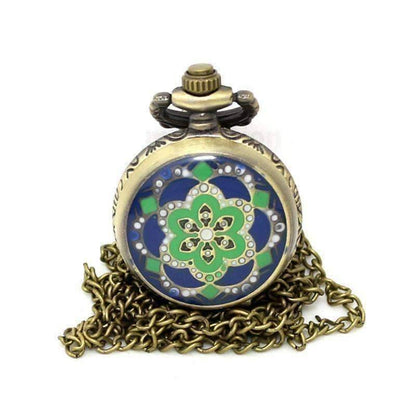 Feshionn IOBI Watches blue green Blue and Green Flower Vintage Style Mini Pocket Watch Necklace