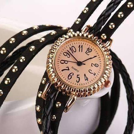Feshionn IOBI Watches Bohemian Leather Wrap Bracelet Watch in Black
