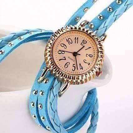 Feshionn IOBI Watches Bohemian Leather Wrap Bracelet Watch in Sky Blue