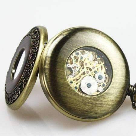 Feshionn IOBI Watches Bronze and Wood Antique Style Steampunk Skeleton Pocket Watch