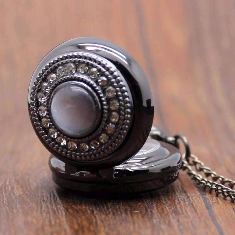 Feshionn IOBI Watches Cat's Eye Gunmetal Vintage Style Mirror Pocket Watch Necklace