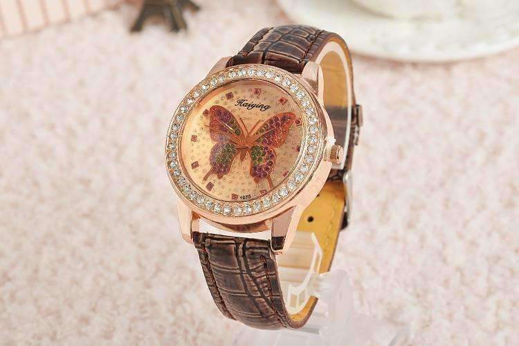 Feshionn IOBI Watches Chocolate CLEARANCE - Shimmering Butterfly Rose Gold Ladies Leather Watch