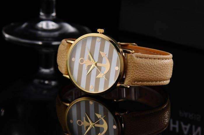 Feshionn IOBI Watches CLEARANCE - Ahoy! Anchor Watch in Caramel and White Stripes