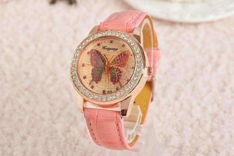 Feshionn IOBI Watches Coral CLEARANCE - Shimmering Butterfly Rose Gold Ladies Leather Watch