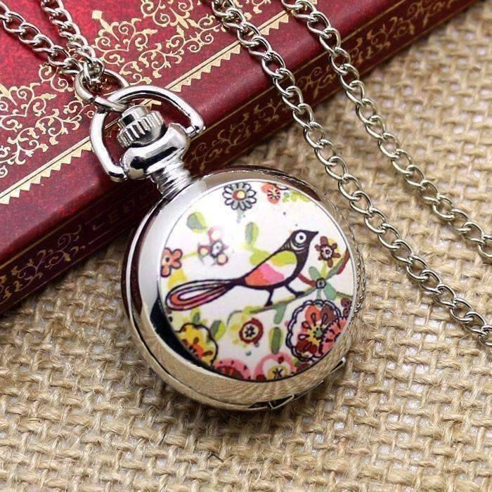 Feshionn IOBI Watches Floral Folk Art Bird Enamel Mini Pocket Watch Necklace
