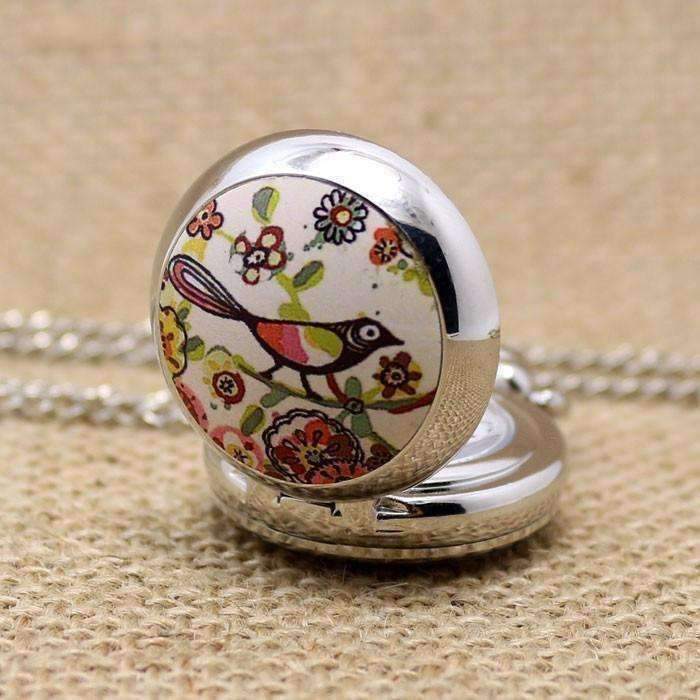 Feshionn IOBI Watches Folk Art Bird Enamel Mini Pocket Watch Necklace