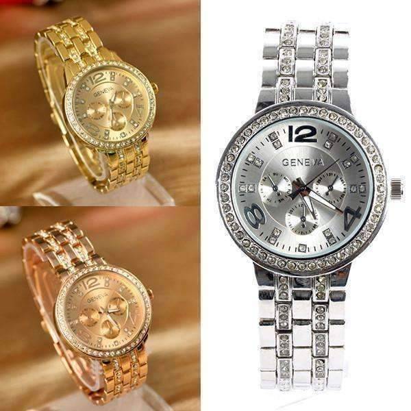 Feshionn IOBI Watches Luxury Geneva Stainless Steel Watch with Diamond Bezel and Inlaid Bracelet Link Band