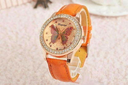 Feshionn IOBI Watches Orange CLEARANCE - Shimmering Butterfly Rose Gold Ladies Leather Watch