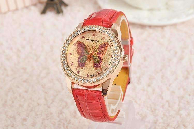 Feshionn IOBI Watches Red CLEARANCE - Shimmering Butterfly Rose Gold Ladies Leather Watch