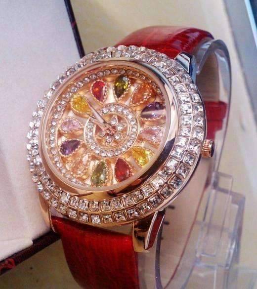 Feshionn IOBI Watches Red Kaleidoscope of Colors Deluxe Crystal & Leather Wrist Watch ~ Four Colors to Choose!