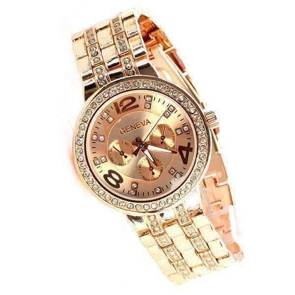 Feshionn IOBI Watches Rose Gold Luxury Geneva Stainless Steel Watch with Diamond Bezel and Inlaid Bracelet Link Band
