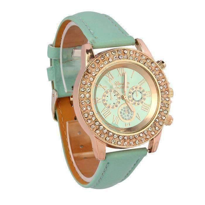 Feshionn IOBI Watches Sea Green Extravagant Crystals Rose Gold Geneva Watch With Matching Face ~ Four Fun Colors to Choose!