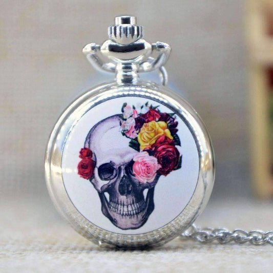 Feshionn IOBI Watches Skull Floral Skull Enamel Mini Pocket Watch Necklace