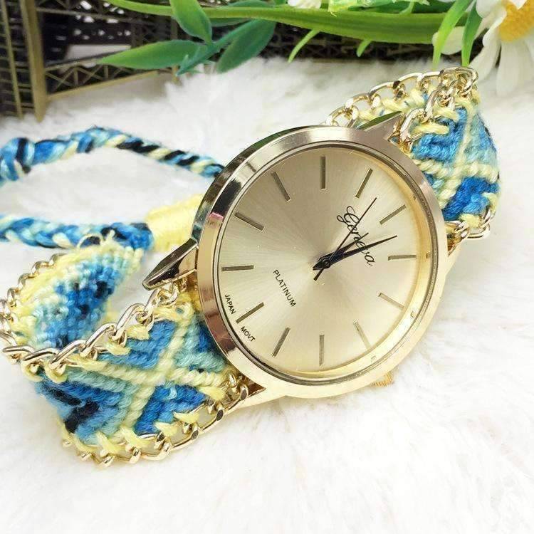 Feshionn IOBI Watches Turquoise & Yellow Offbeat Hand Woven Watch in 13 Colorful Patterns