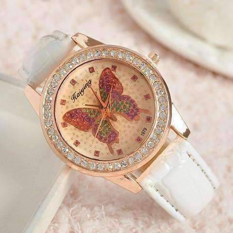 Feshionn IOBI Watches White CLEARANCE - Shimmering Butterfly Rose Gold Ladies Leather Watch