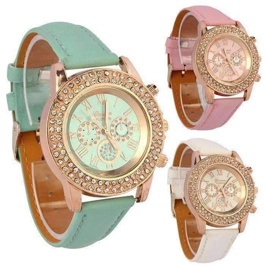 Feshionn IOBI Watches White Extravagant Crystals Rose Gold Geneva Watch With Matching Face ~ Four Fun Colors to Choose!
