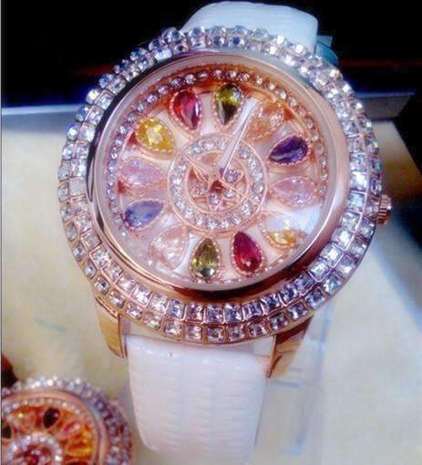 Feshionn IOBI Watches White Kaleidoscope of Colors Deluxe Crystal & Leather Wrist Watch ~ Four Colors to Choose!