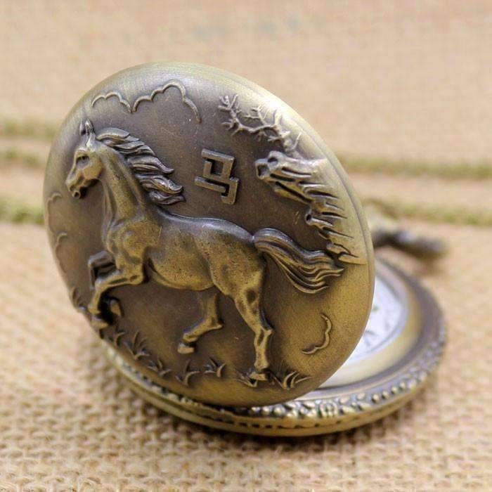 Feshionn IOBI Watches Wild Stallion Bronze Engraved Antique Style Pocket Watch Necklace