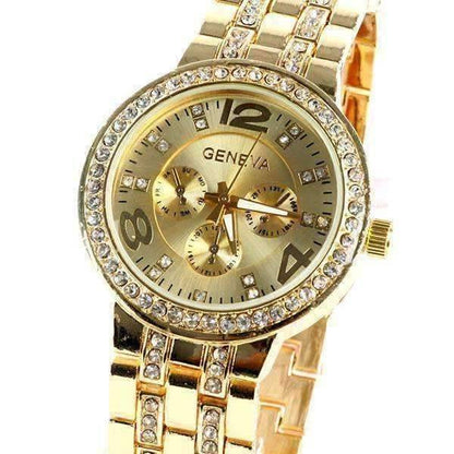 Feshionn IOBI Watches Yellow Gold Luxury Geneva Stainless Steel Watch with Diamond Bezel and Inlaid Bracelet Link Band