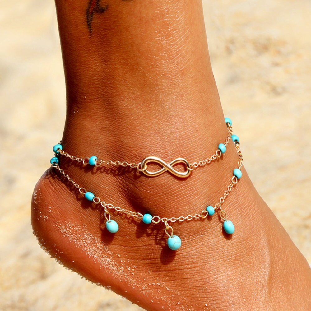 Infinity Beads Double Ankle Bracelet In Silver or Gold For Woman or Teen Beach or Casual Wear