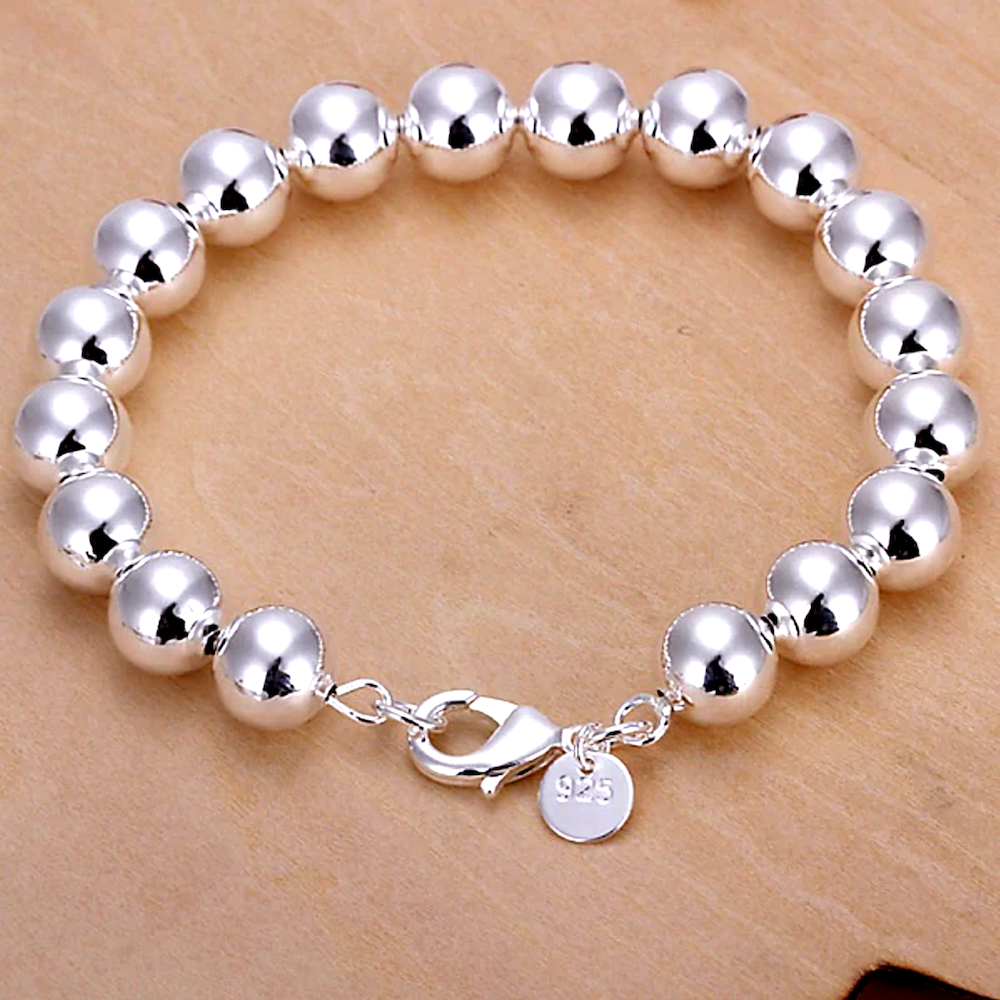 Silver Bold Beads Bracelet for Woman Classic 10mm High Polished Lobster Clasp Any Occasion