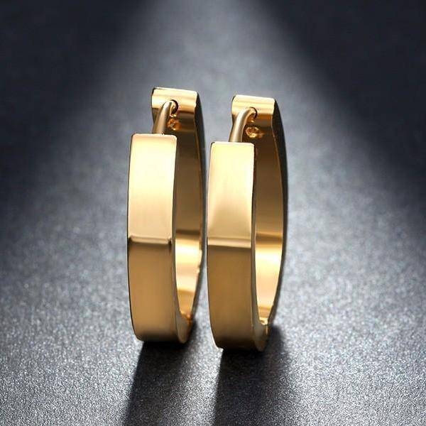 Elongated 15mm Gold Stainless Steel Huggie Hoop Earrings - For Men or Women