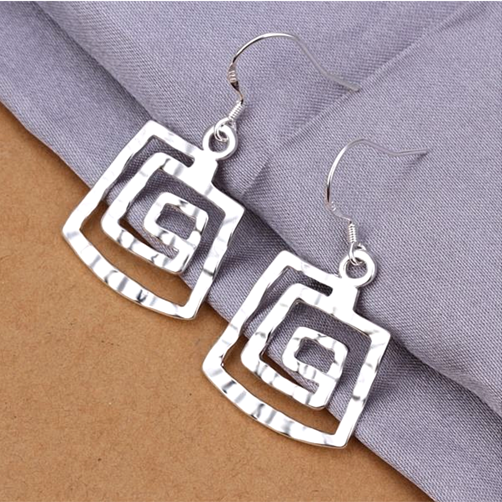 Hammered Spiral Square Silver Hook Earrings For Woman