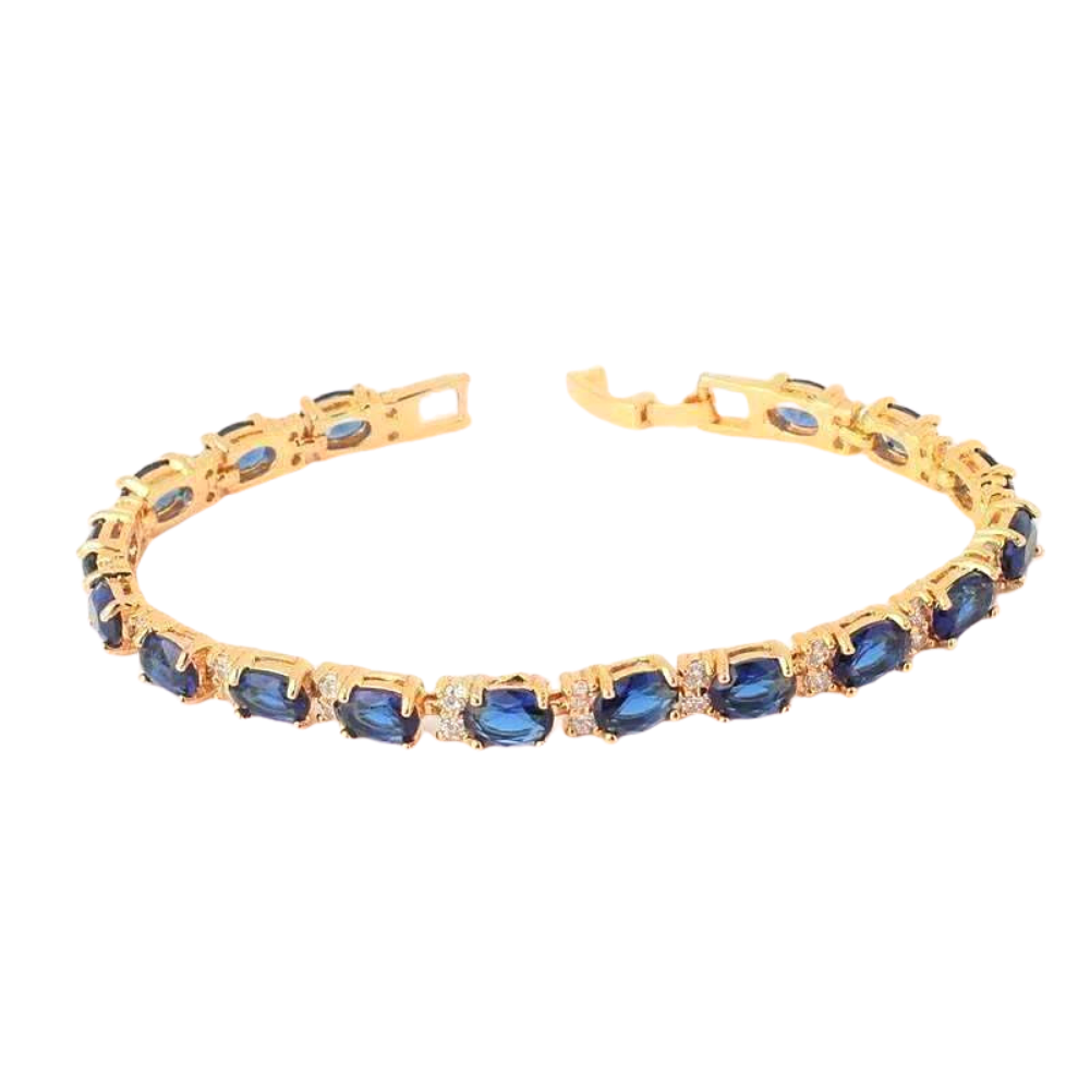 Sapphire Blue Oval Austrian Crystal Tennis Bracelet with Extender in 18K Yellow Gold for Woman