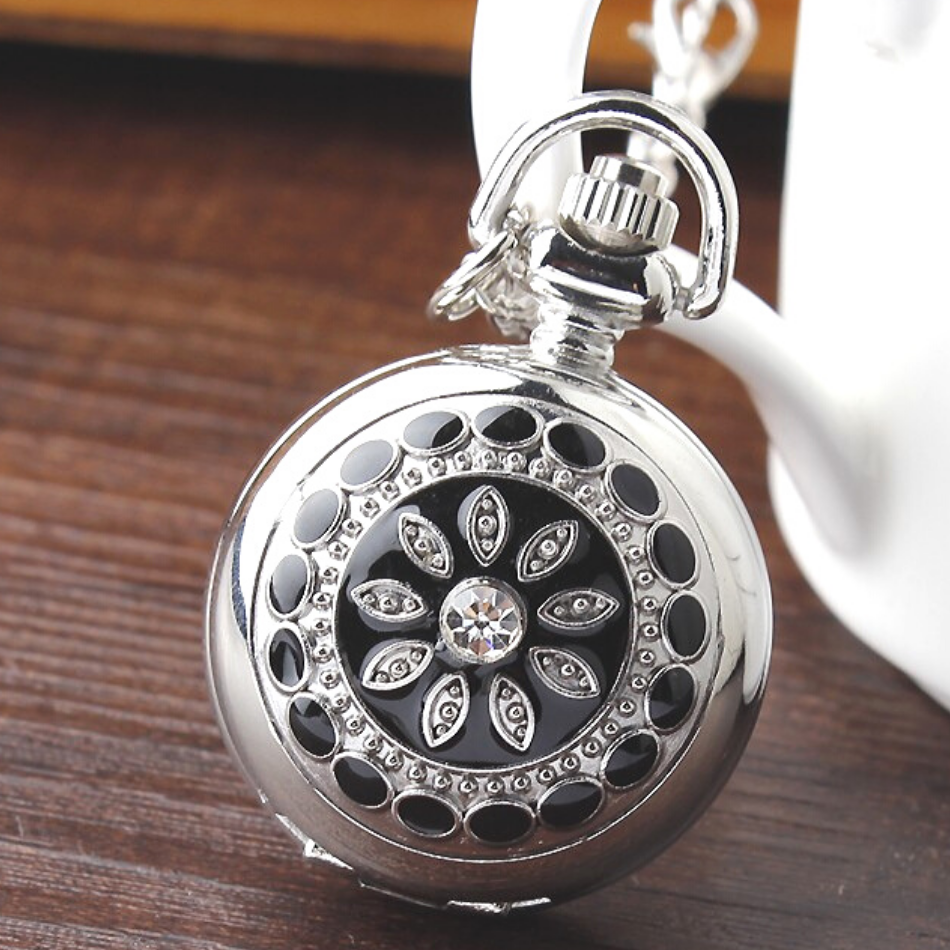 Black Pearl Flower Vintage Style Mini Pocket Watch Necklace for Women