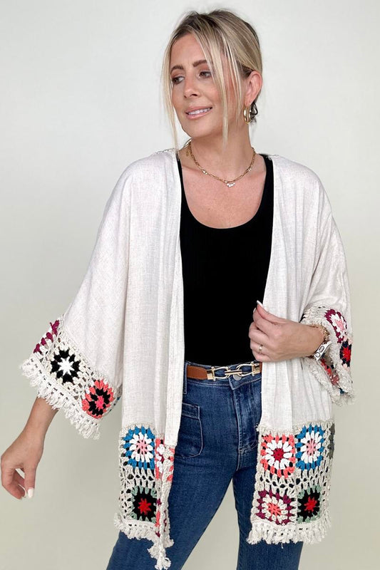 Umgee Linen Blend Patch Crochet Kimono