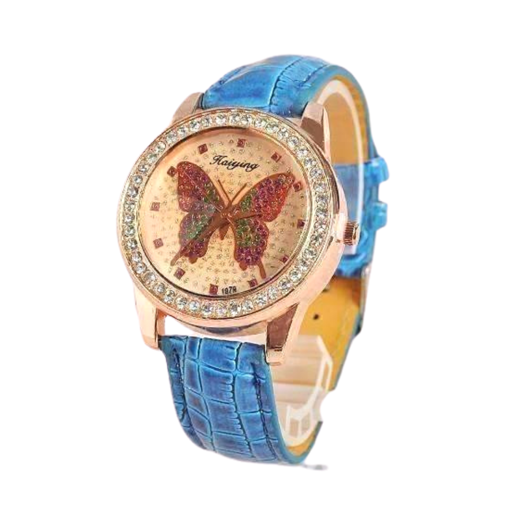 Shimmering Butterfly Rose Gold Ladies Leather Watch For Woman