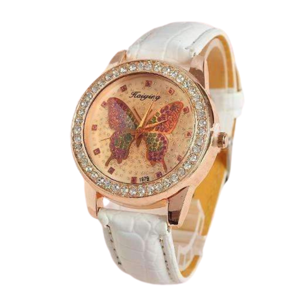 Shimmering Butterfly Rose Gold Ladies Leather Watch For Woman