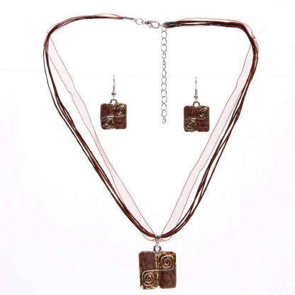 Glossy Enamel Squares Necklace and Earrings Set - In Two Colors