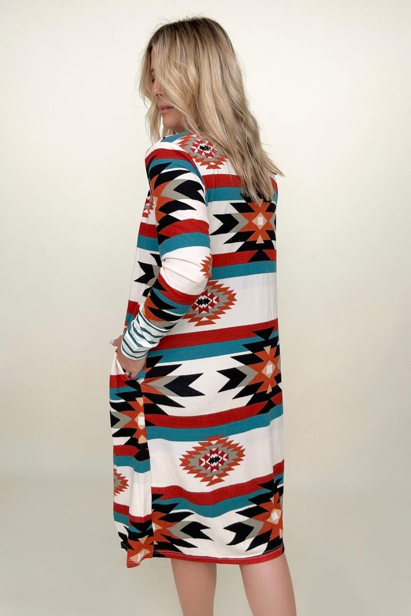 Multicolor Geometric Color Block Long Cardigan