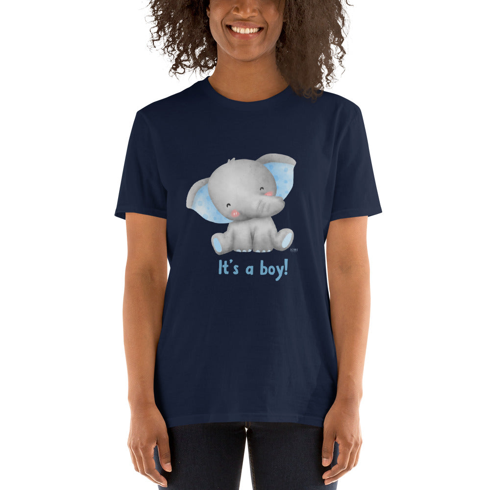 Short-Sleeve Women Soft T-Shirt It's A Boy Baby Elephant Design by IOBI Original Apparel