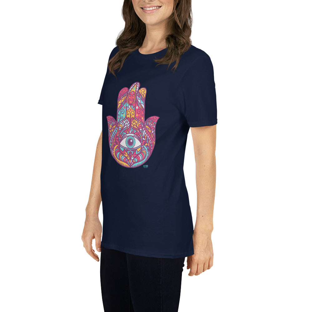 Short-Sleeve Women Soft T-Shirt Red Hamsa Design by IOBI Original Apparel