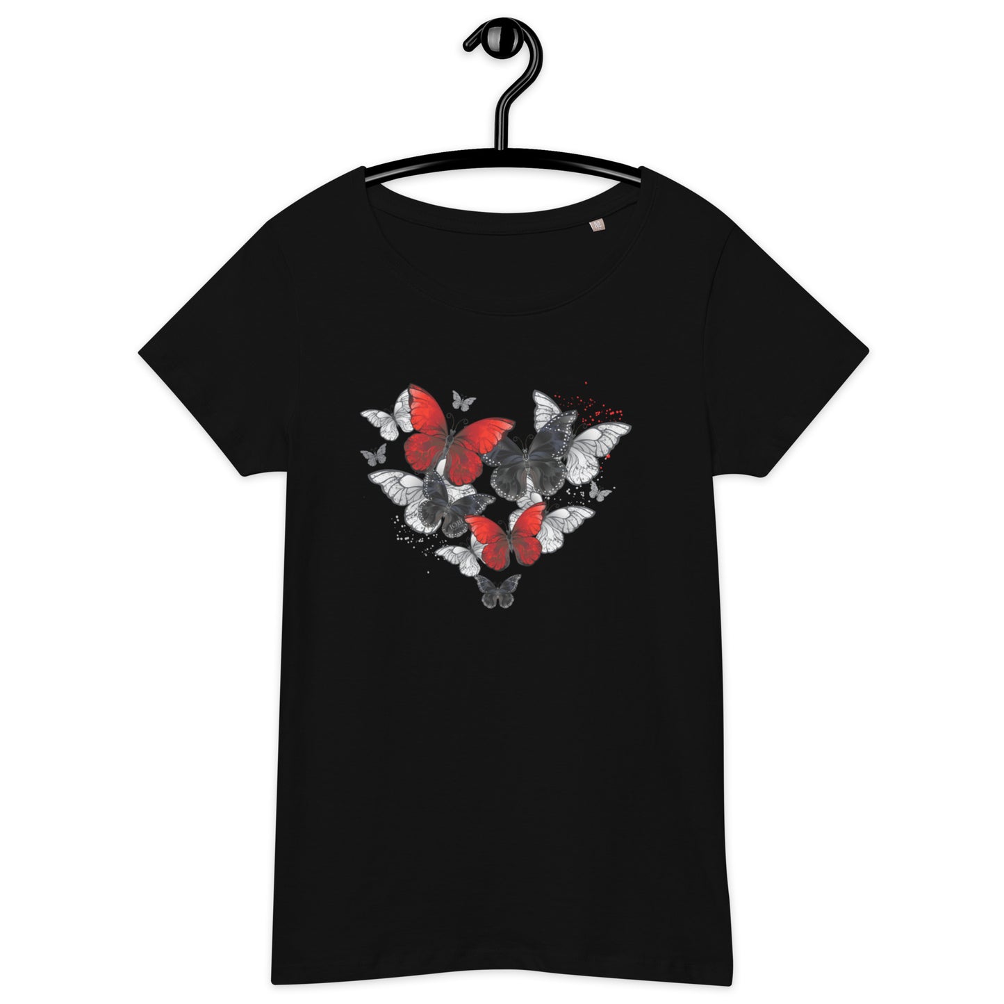 Women’s Basic Organic Eco-Friendly T-Shirt Soft Scoop Neck Red & Black Butterflies Design by IOBI Original Apparel