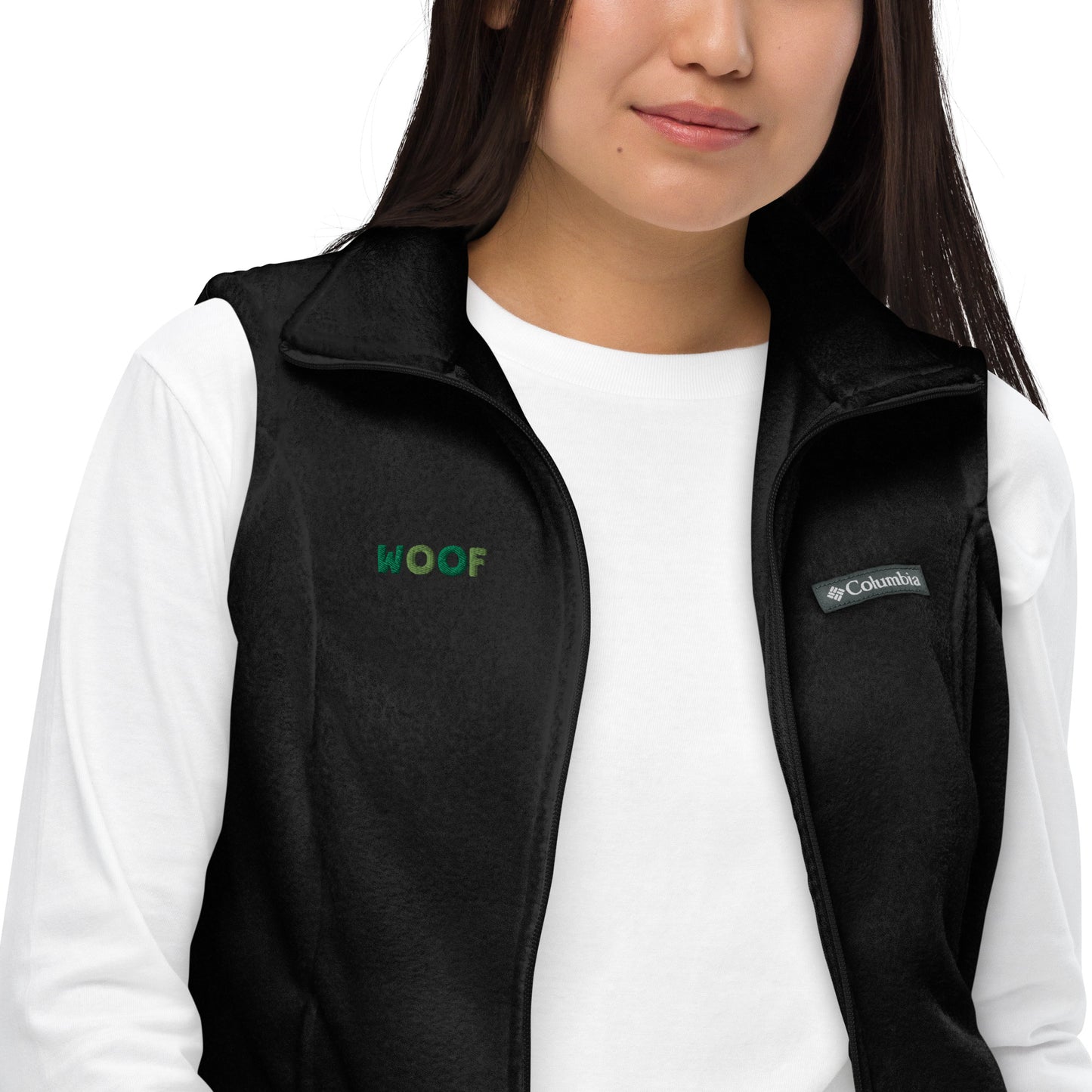 Women’s Columbia fleece Vest With Pocket Embroidery Woof for Dog Lover Mom