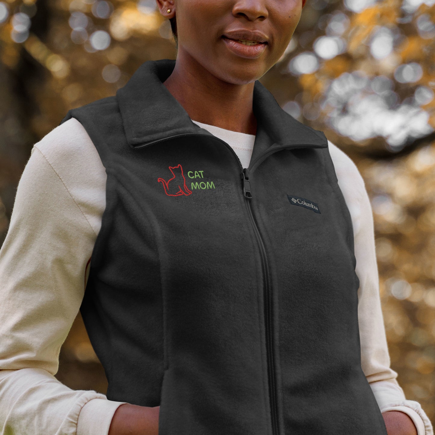 Women’s Columbia fleece vest With Pocket Cat Mom Embroidery