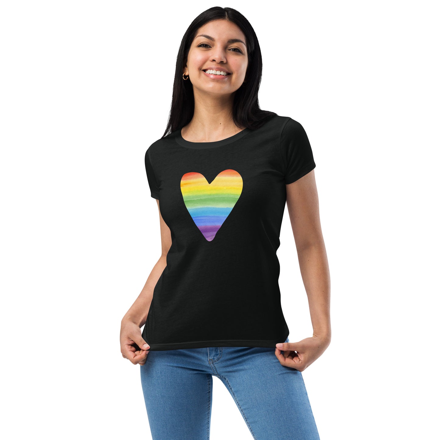 Women’s Fitted T-Shirt Super Soft & Stretchy Slim Fit Next Level Rainbow Heart Design by IOBI Original Apparel