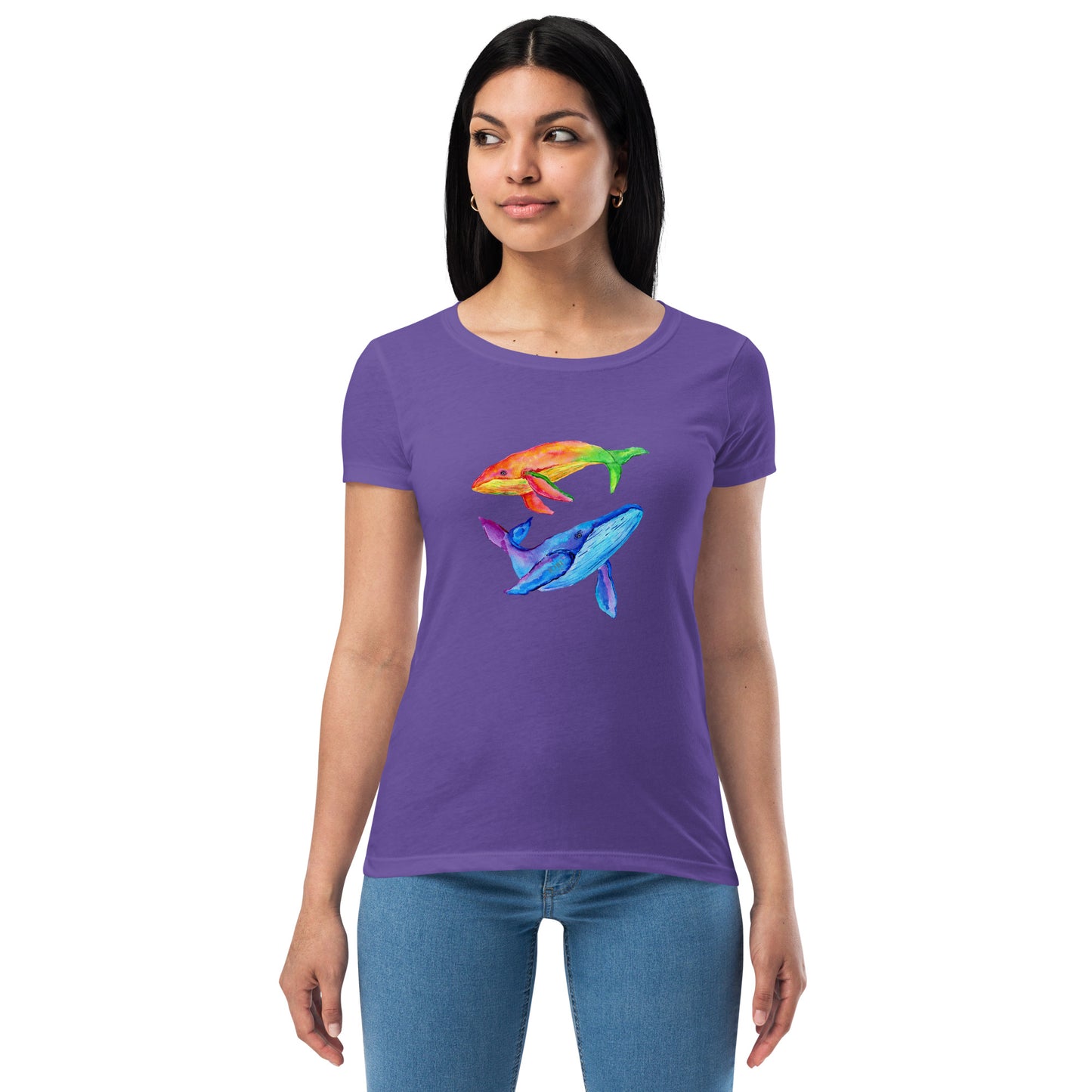 Women’s Fitted T-Shirt Super Soft & Stretchy Slim Fit Next Level Magical Whales Design by IOBI Original Apparel