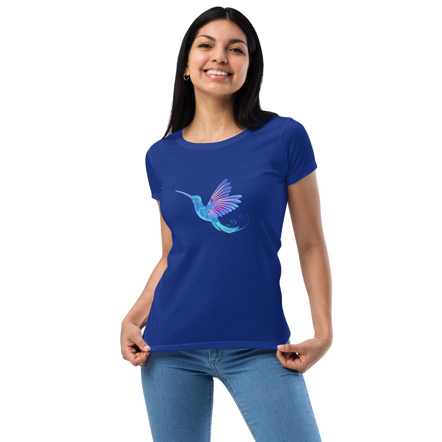 Women’s Fitted T-Shirt Super Soft & Stretchy Slim Fit Next Level Magical Blue Hummingbird  Design by IOBI Original Apparel