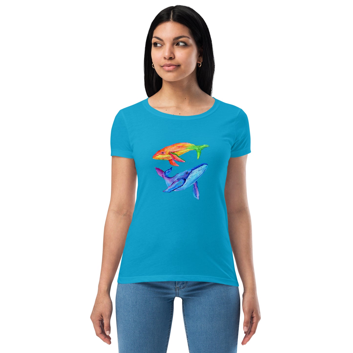 Women’s Fitted T-Shirt Super Soft & Stretchy Slim Fit Next Level Magical Whales Design by IOBI Original Apparel