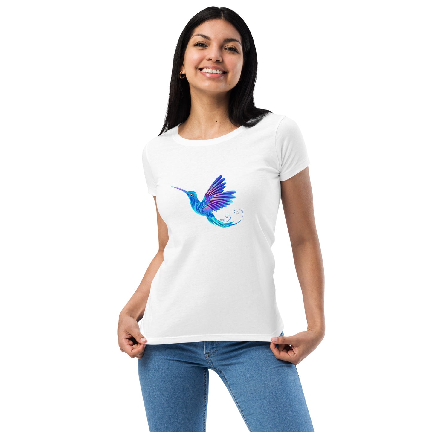 Women’s Fitted T-Shirt Super Soft & Stretchy Slim Fit Next Level Magical Blue Hummingbird  Design by IOBI Original Apparel