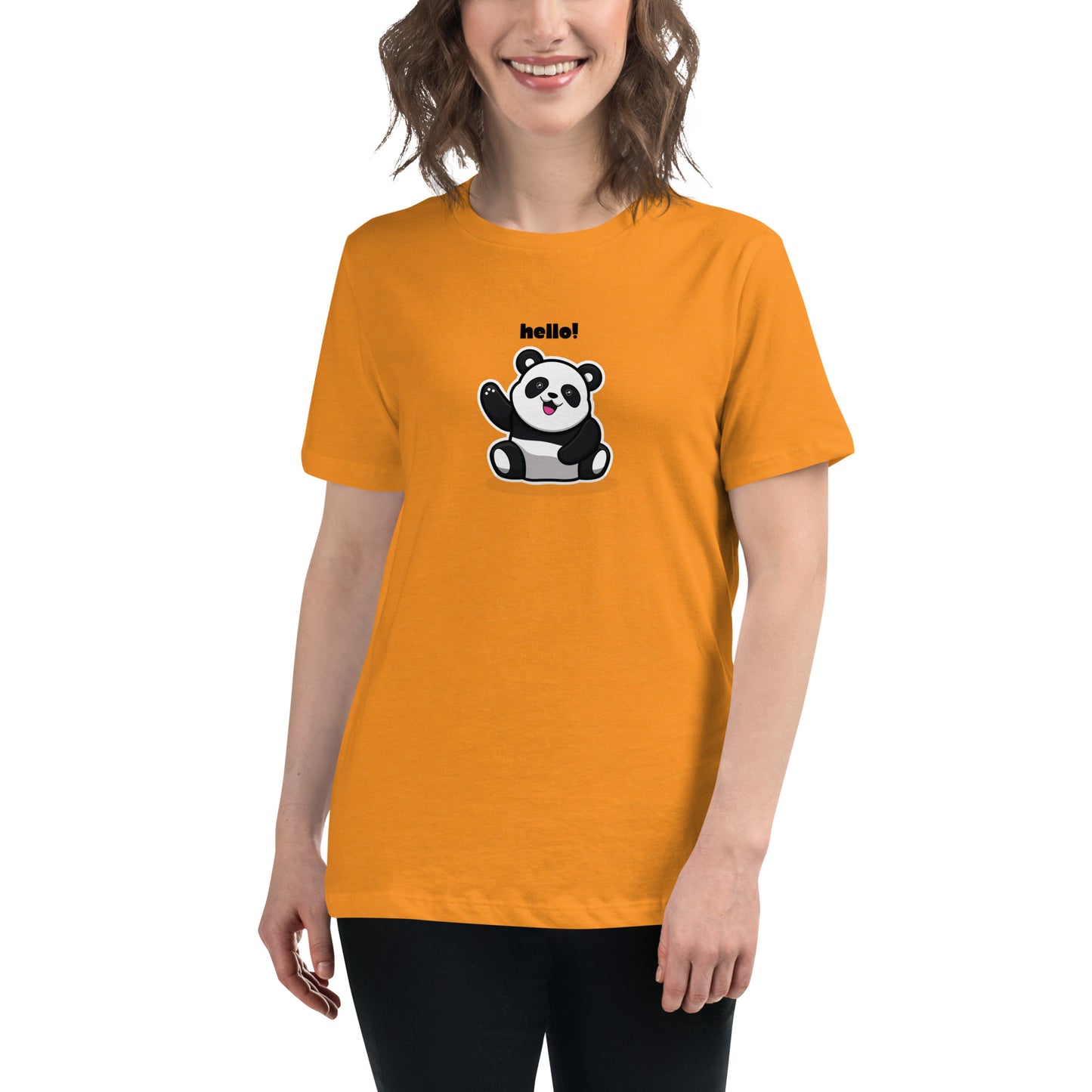 Women's Relaxed Soft & Smooth Premium Quality T-Shirt Panda Hello Design by IOBI Original Apparel