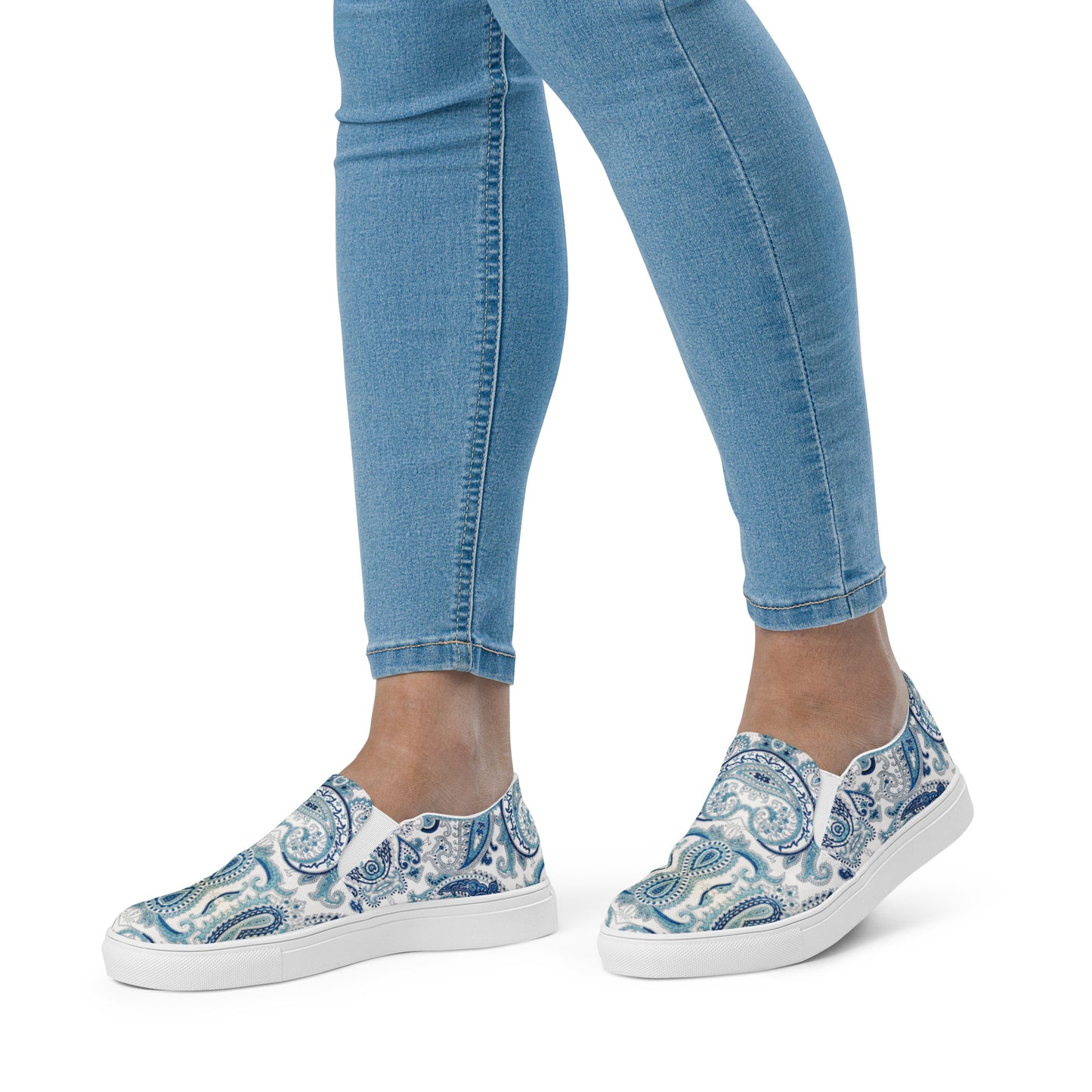 Women’s slip-on canvas shoes Cool White Blue Paisley Design by IOBI Original Apparel